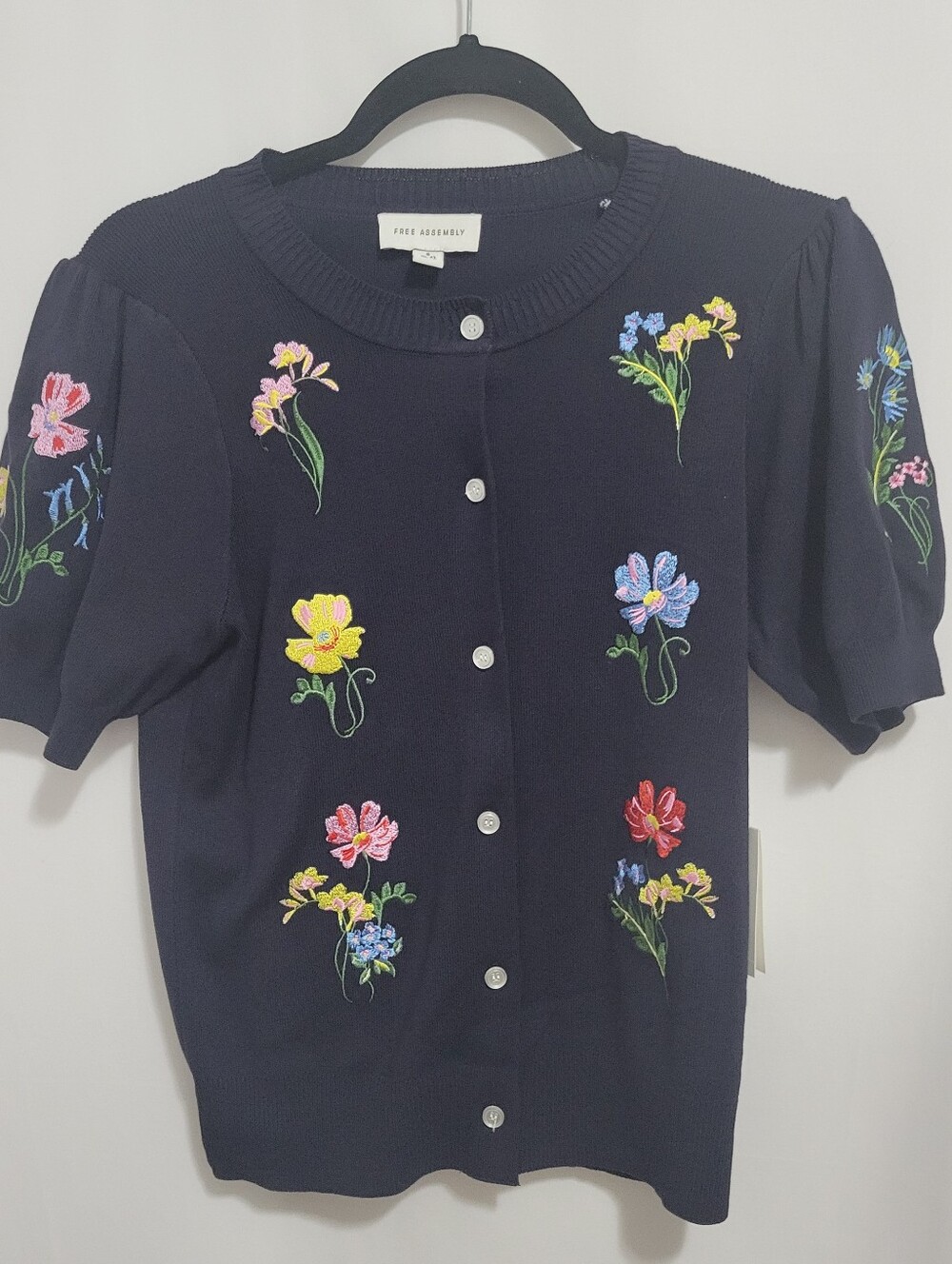 Free Assembly Navy Floral Embroidered S/S Cardigan, Size S(4-6), NEW